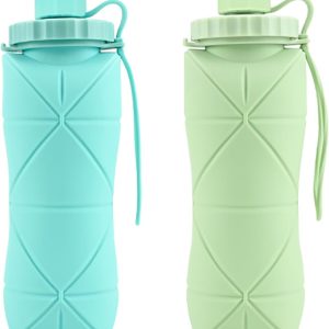 Collapsible Water Bottle, Silicone Foldable Water Bottles For Travel, Easy-To-Carry Design And Compact Size, BPA Free, 20 oz (Blue & Green)